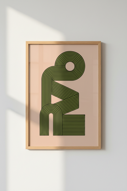 Geometric Ribbon Wall Art | Olive Green &amp; Peach Retro Poster, Modern Living Room Print