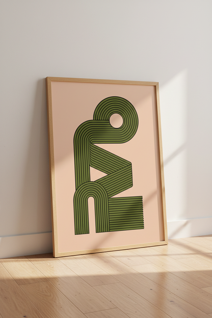 Geometric Ribbon Wall Art | Olive Green &amp; Peach Retro Poster, Modern Living Room Print