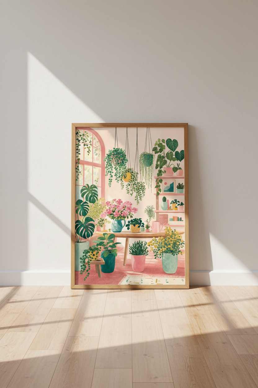 Botanical Garden Window Art | Pastel Pink Boho Flora, Plant Lover Room Decor