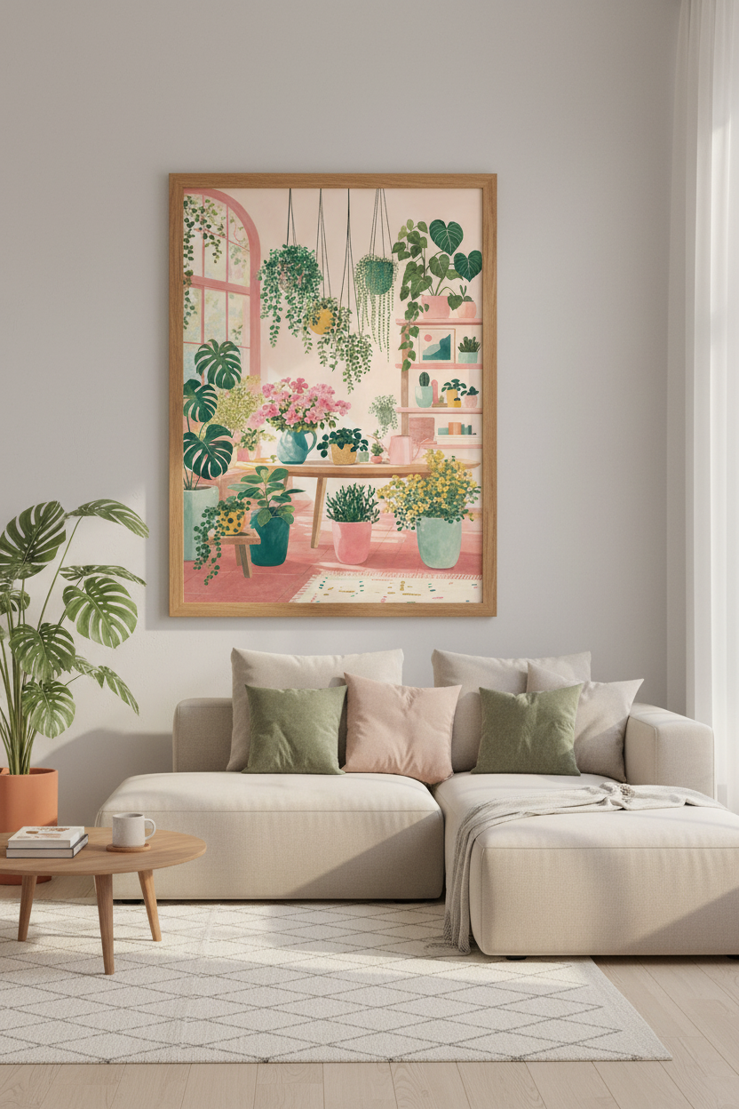 Botanical Garden Window Art | Pastel Pink Boho Flora, Plant Lover Room Decor