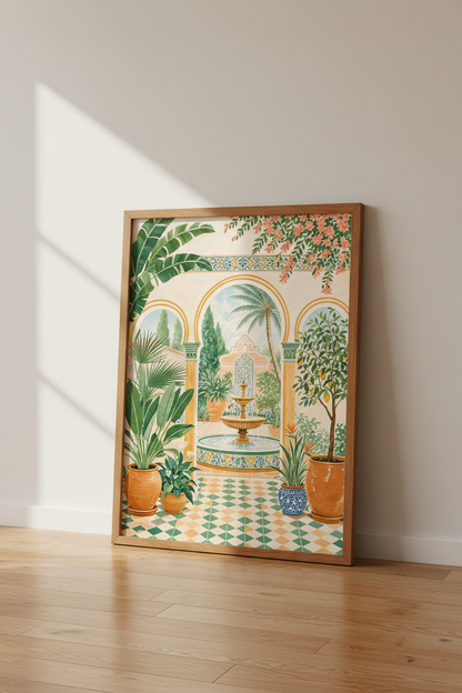Moroccan Courtyard Garden Art | Mediterranean Botanical Poster | Boho Patio Decor