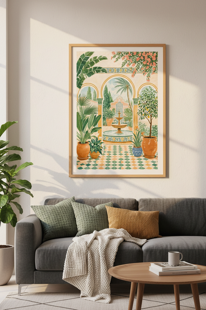 Moroccan Courtyard Garden Art | Mediterranean Botanical Poster | Boho Patio Decor
