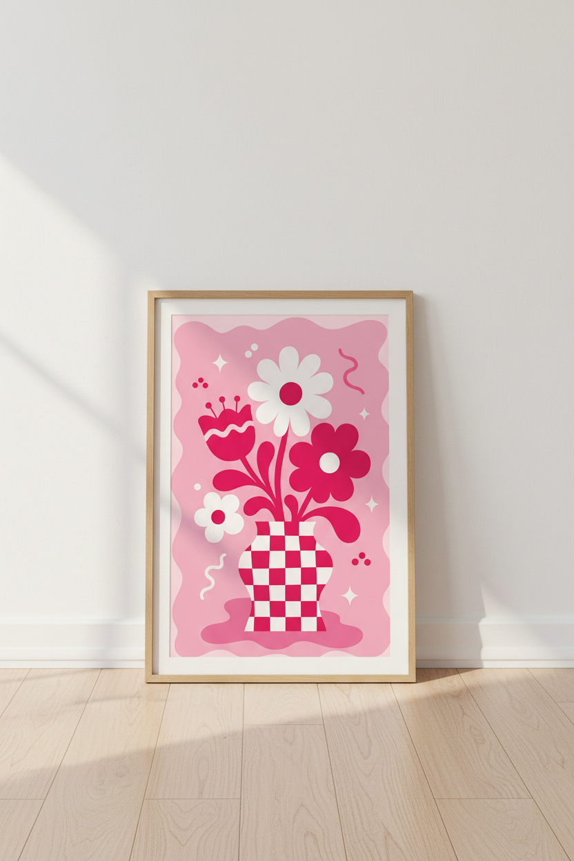 Retro Pink Floral Vase Wall Art | Checkered Pastel Decor | Funky Flower Poster