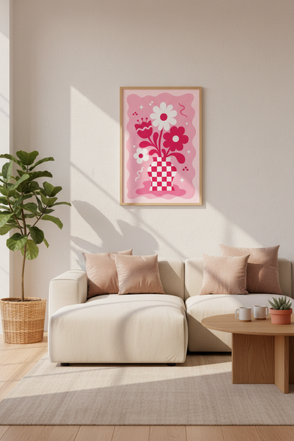 Retro Pink Floral Vase Wall Art | Checkered Pastel Decor | Funky Flower Poster