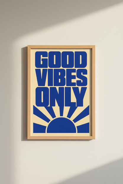 Good Vibes Only Wall Art Print | Retro Blue Sunburst Decor | Minimalist Poster