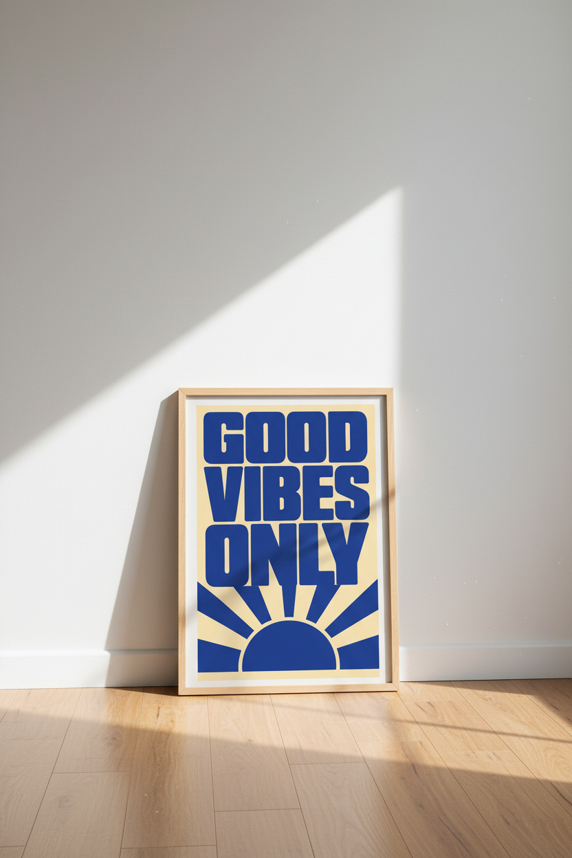 Good Vibes Only Wall Art Print | Retro Blue Sunburst Decor | Minimalist Poster