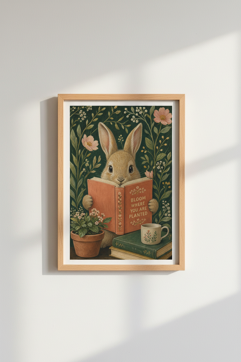 Whimsical Bunny Art Print | Cottagecore Rabbit Poster, Floral Nursery Decor