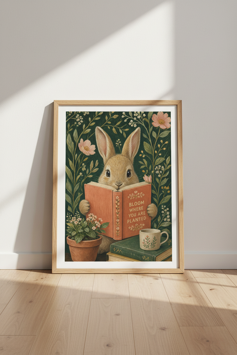 Whimsical Bunny Art Print | Cottagecore Rabbit Poster, Floral Nursery Decor