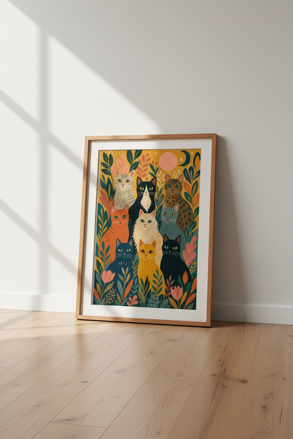 Folk Art Cats Wall Art | Whimsical Celestial Feline Poster | Boho Living Room Decor