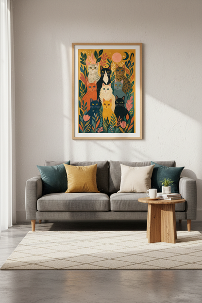 Folk Art Cats Wall Art | Whimsical Celestial Feline Poster | Boho Living Room Decor