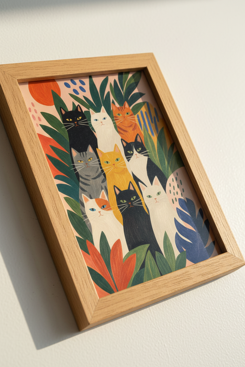 Group of Cats Wall Art | Whimsical Celestial Feline Poster | Boho Living Room Decor