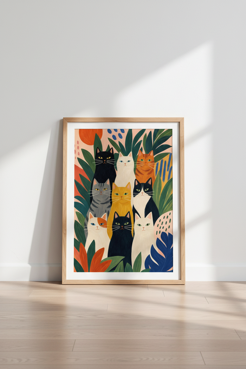 Group of Cats Wall Art | Whimsical Celestial Feline Poster | Boho Living Room Decor