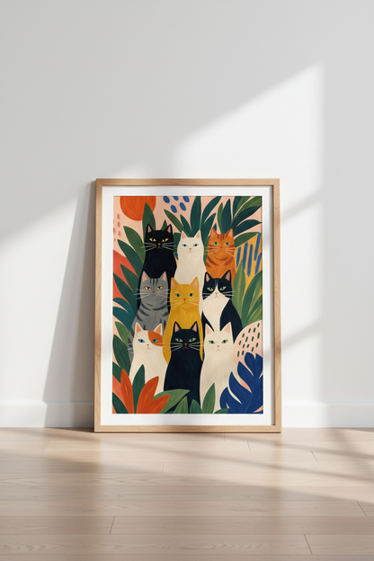 Group of Cats Wall Art | Whimsical Celestial Feline Poster | Boho Living Room Decor