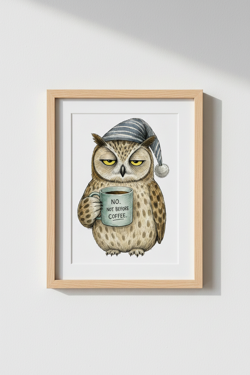 Whimsical Owl Poster | Cozy Coffee Tones, Living Room Decor