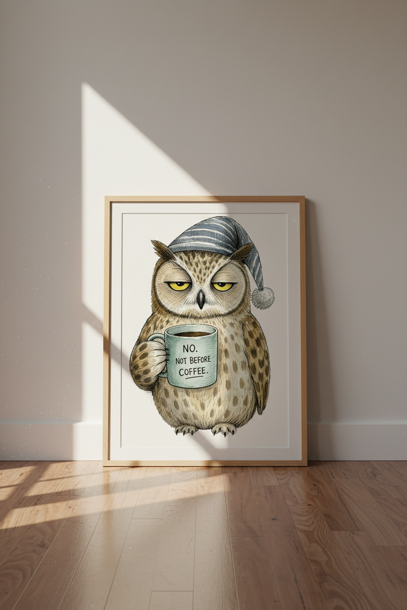 Whimsical Owl Poster | Cozy Coffee Tones, Living Room Decor
