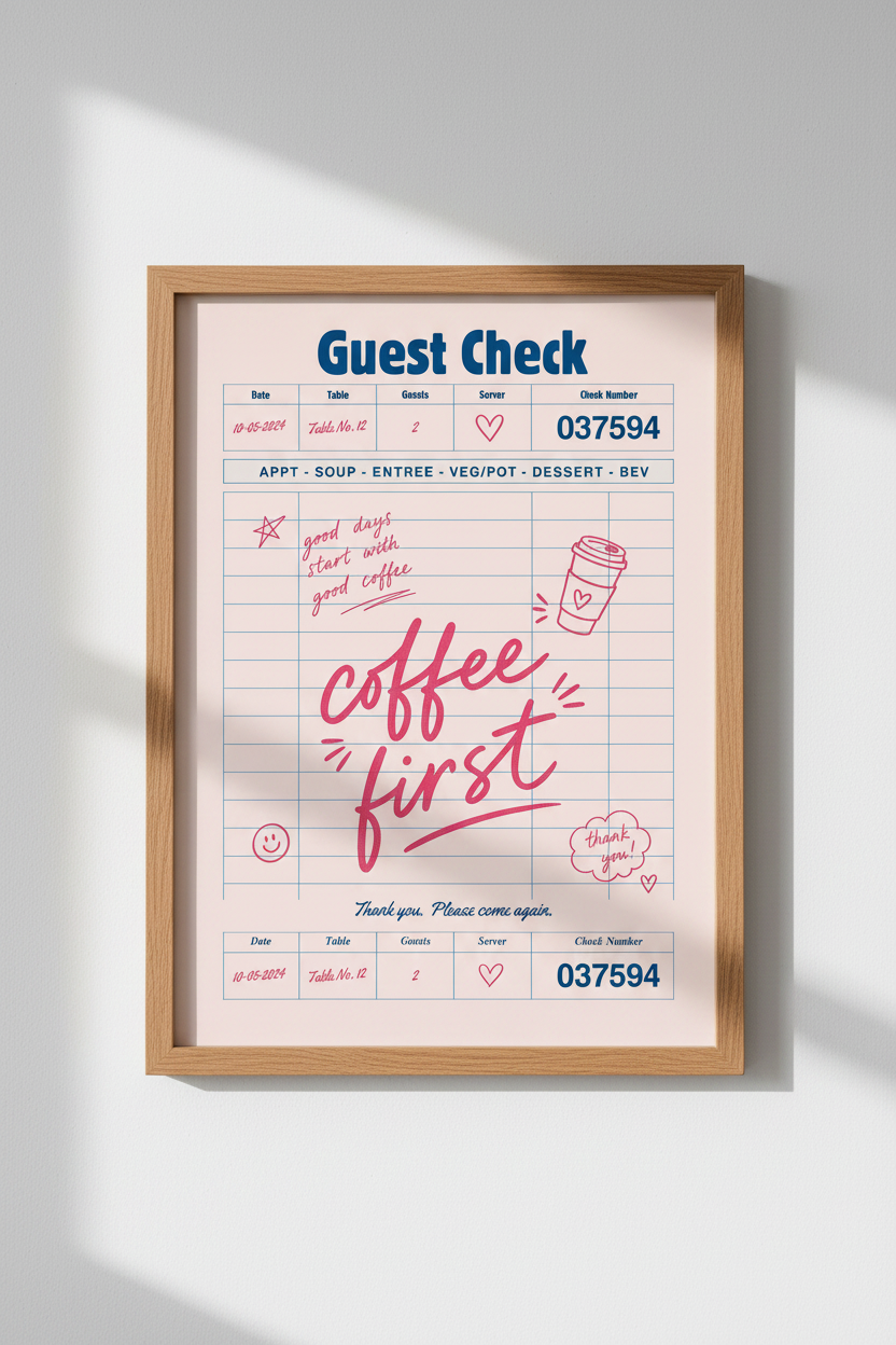 Guest Check Wall Art Print | Pink Retro Coffee Poster | Kitchen &amp; Dining Decor