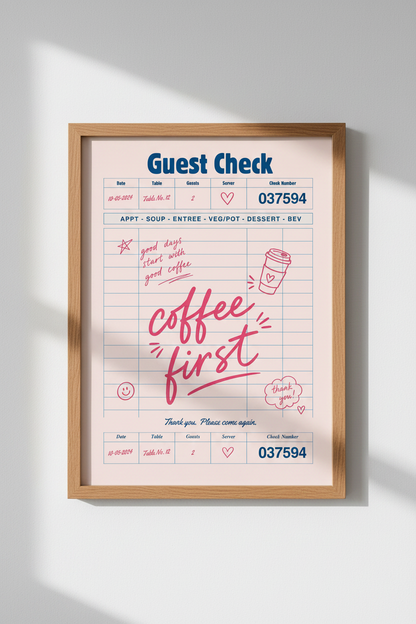 Guest Check Wall Art Print | Pink Retro Coffee Poster | Kitchen &amp; Dining Decor