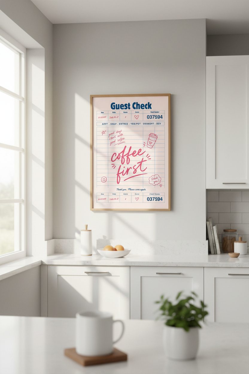 Guest Check Wall Art Print | Pink Retro Coffee Poster | Kitchen &amp; Dining Decor