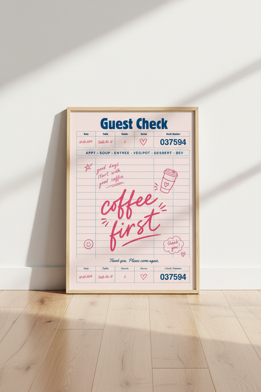 Guest Check Wall Art Print | Pink Retro Coffee Poster | Kitchen &amp; Dining Decor