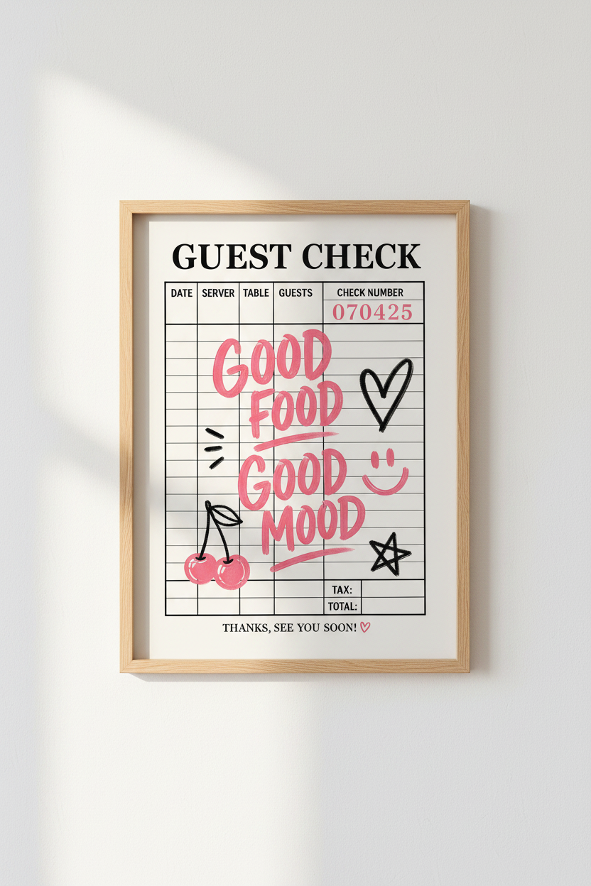 Guest Check Wall Art | Retro Pink Foodie Poster, Kitchen &amp; Dining Decor