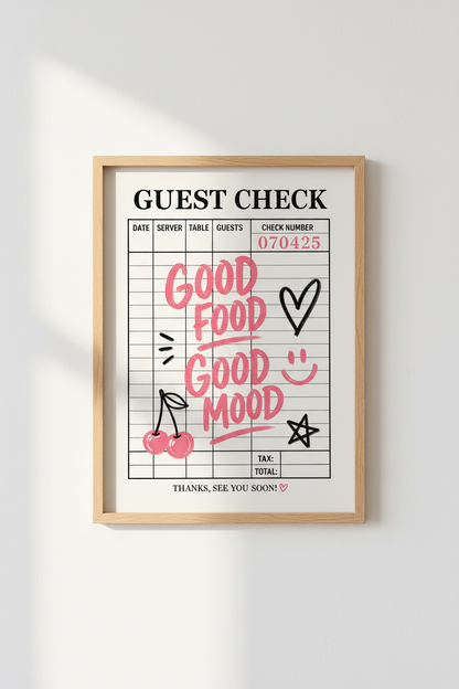 Guest Check Wall Art | Retro Pink Foodie Poster, Kitchen &amp; Dining Decor