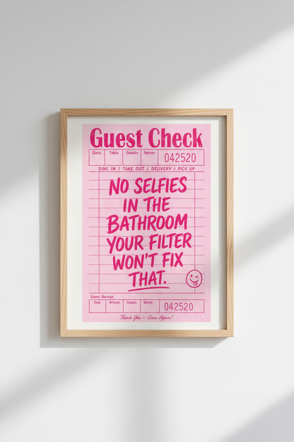 Pink Guest Check Art Print | Funny Bathroom Decor | Preppy Retro Aesthetic Poster