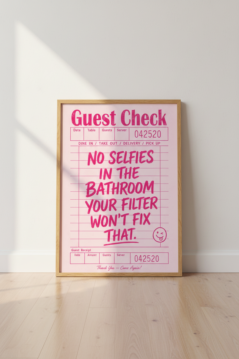 Pink Guest Check Art Print | Funny Bathroom Decor | Preppy Retro Aesthetic Poster