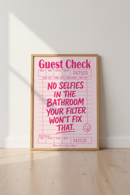 Pink Guest Check Art Print | Funny Bathroom Decor | Preppy Retro Aesthetic Poster
