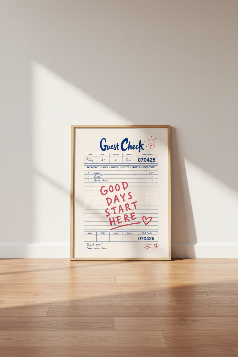 Guest Check Print | Retro Diner Receipt Wall Art, Kitchen Decor | Aesthetic Poster