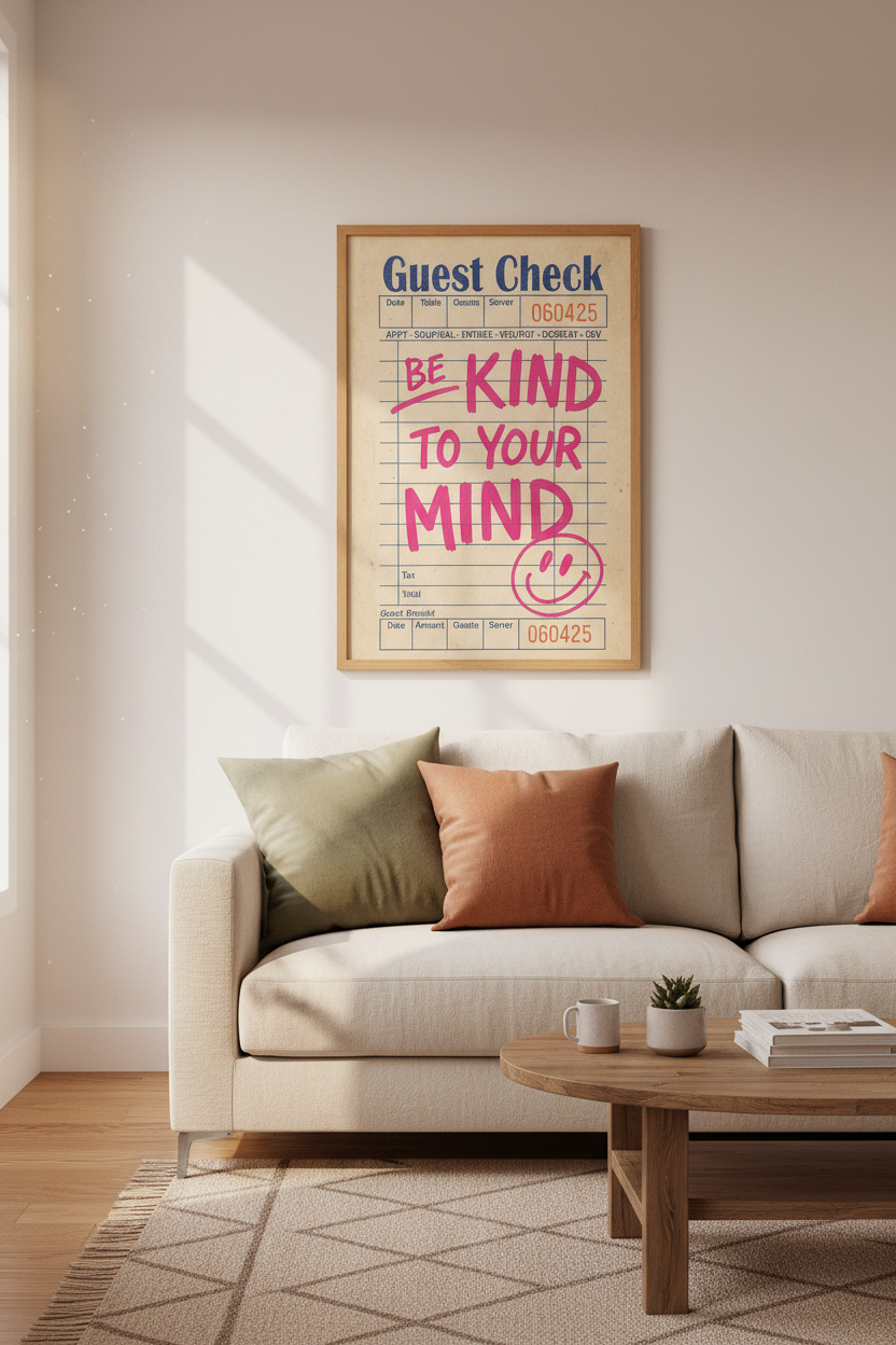 Guest Check Art Print | Retro Mental Health Poster, Preppy Pink Living Room Decor