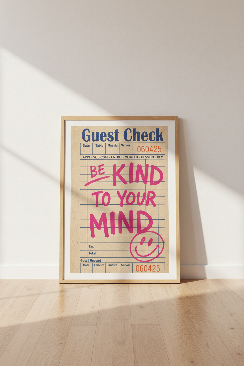Guest Check Art Print | Retro Mental Health Poster, Preppy Pink Living Room Decor