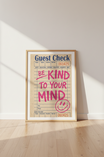 Guest Check Art Print | Retro Mental Health Poster, Preppy Pink Living Room Decor