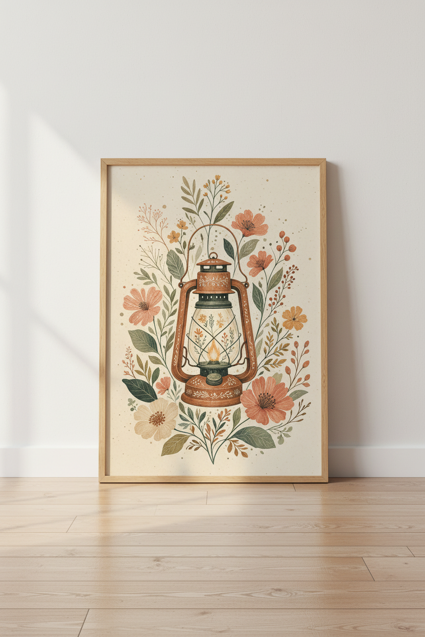 Rustic Lantern &amp; Wildflower Print | Vintage Cottagecore Decor, Farmhouse Wall Art