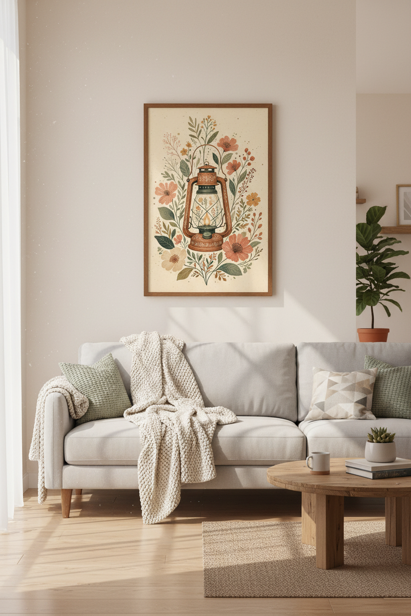 Rustic Lantern &amp; Wildflower Print | Vintage Cottagecore Decor, Farmhouse Wall Art