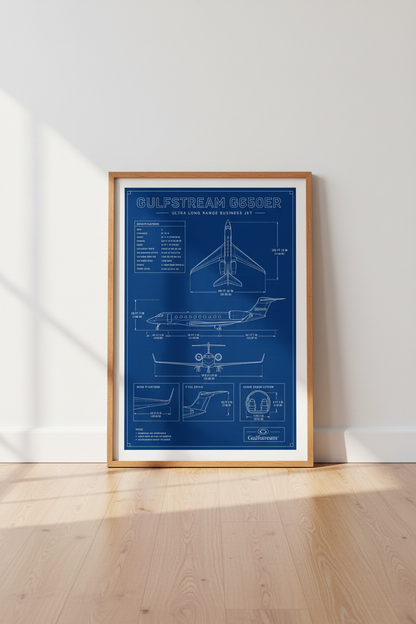Gulfstream G650ER Jet Blueprint Wall Art | Navy Aviation Print | Pilot Office Decor