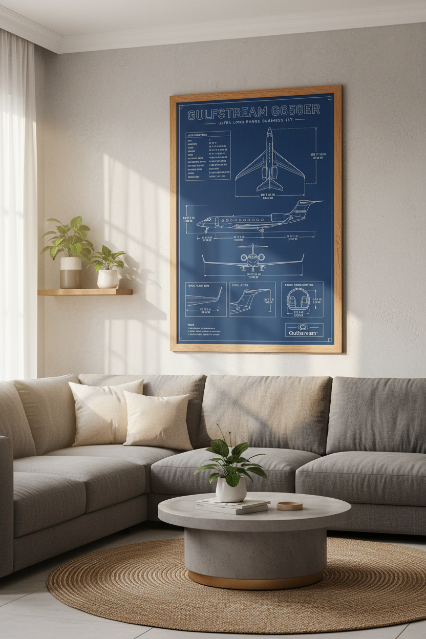 Gulfstream G650ER Jet Blueprint Wall Art | Navy Aviation Print | Pilot Office Decor