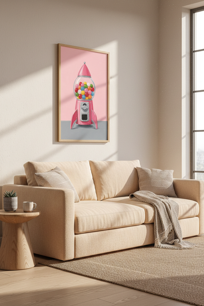 Pink Gumball Machine Print | Retro Rocket Candy Wall Art | Nursery &amp; Playroom Decor