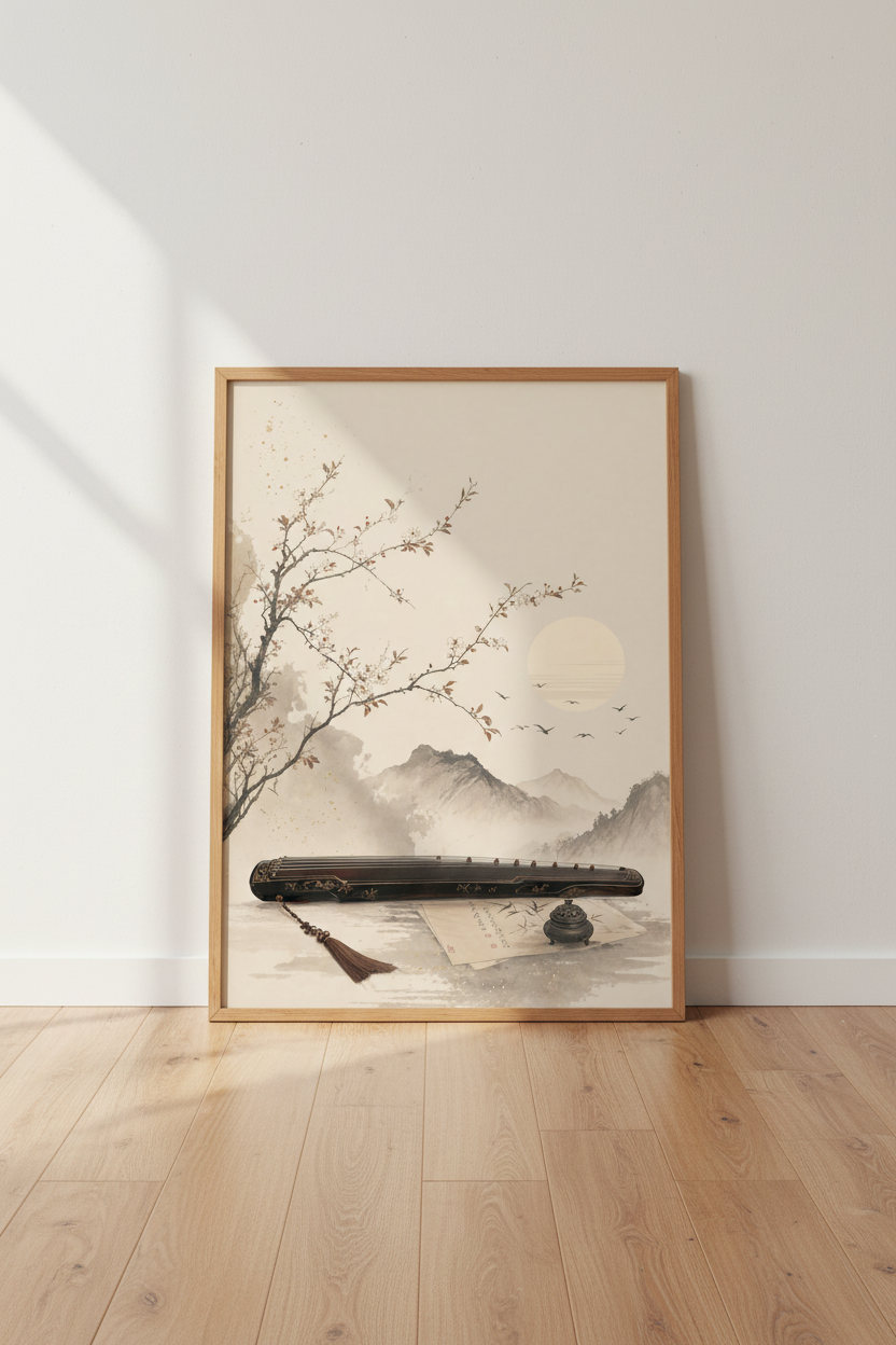 Japanese Ink Style Mountain Art | Guqin &amp; Cherry Blossom, Living Room Decor