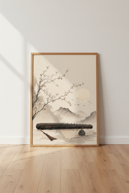 Japanese Ink Style Mountain Art | Guqin &amp; Cherry Blossom, Living Room Decor