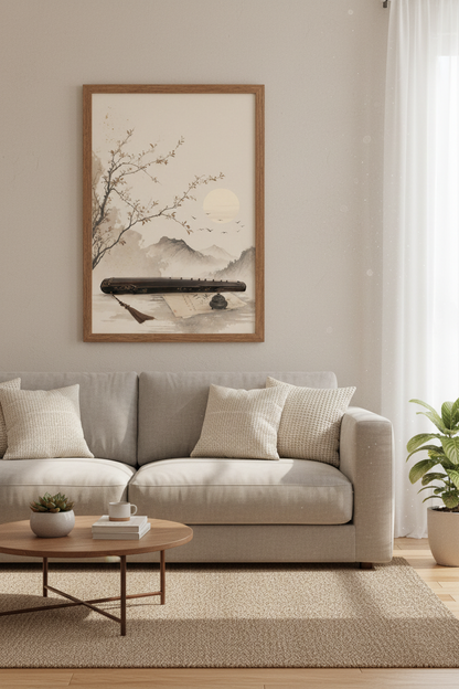 Japanese Ink Style Mountain Art | Guqin &amp; Cherry Blossom, Living Room Decor