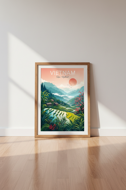 Vietnam Sapa Highlands Wall Art Print | Travel Poster Nature Decor | Pastel Landscape Art