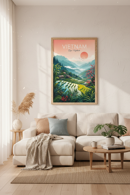 Vietnam Sapa Highlands Wall Art Print | Travel Poster Nature Decor | Pastel Landscape Art