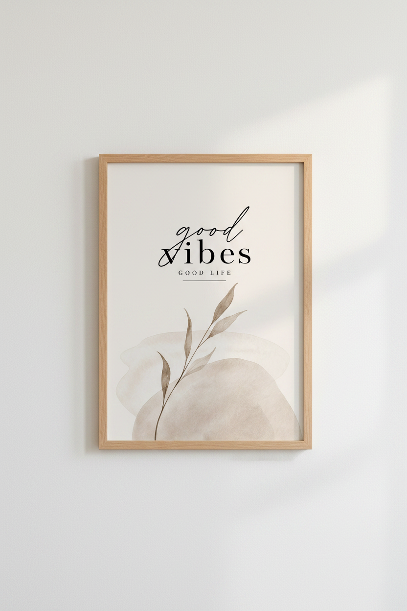 Good Vibes Good Life | Minimalist Neutral Botanical Art, Bedroom Decor Poster