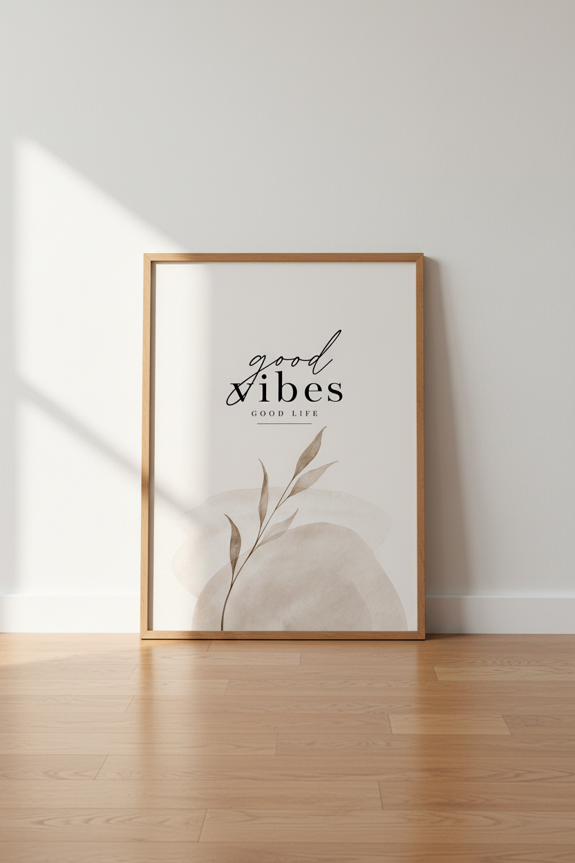 Good Vibes Good Life | Minimalist Neutral Botanical Art, Bedroom Decor Poster