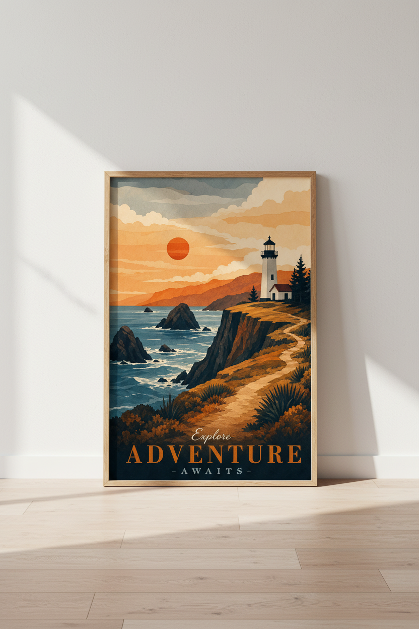 Lighthouse Adventure Wall Art | Vintage Travel Poster | Coastal Landscape Print