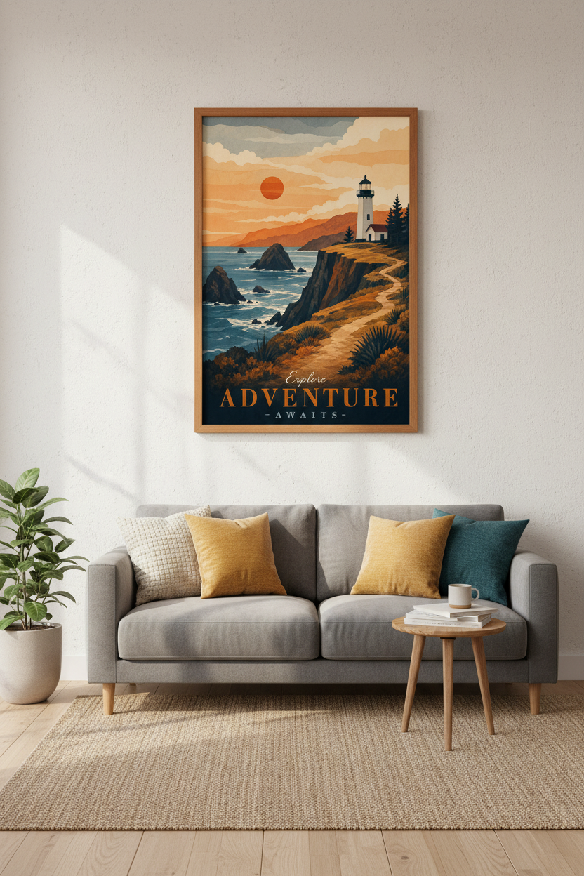 Lighthouse Adventure Wall Art | Vintage Travel Poster | Coastal Landscape Print