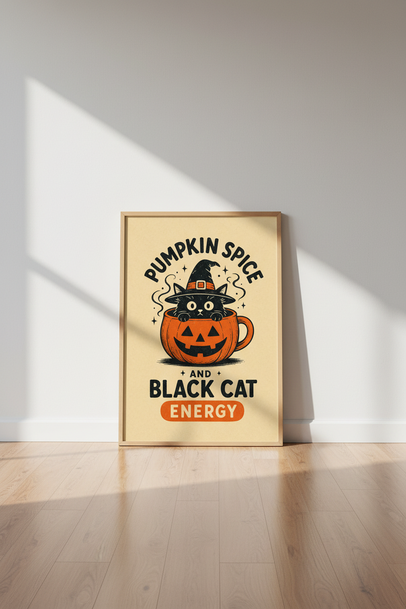Black Cat Pumpkin Spice Wall Art | Retro Fall Kitchen Decor | Spooky Aesthetic Poster
