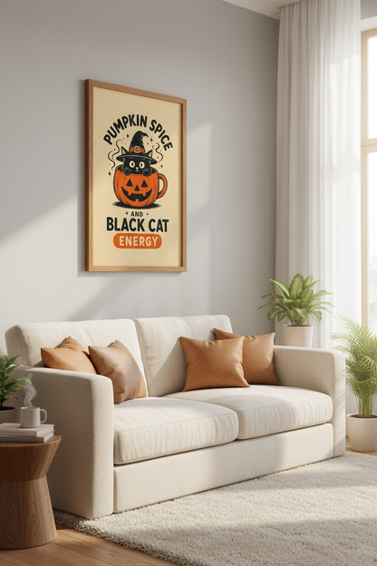 Black Cat Pumpkin Spice Wall Art | Retro Fall Kitchen Decor | Spooky Aesthetic Poster