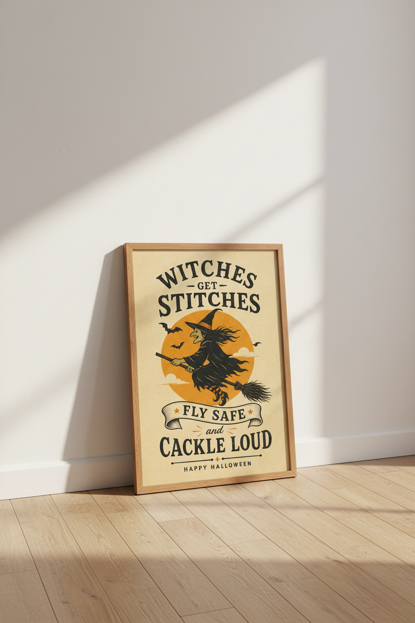 Witch Halloween Wall Art | Retro Orange &amp; Black Poster | Spooky Funny Home Decor