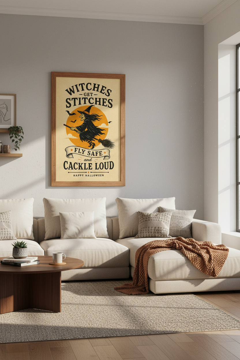 Witch Halloween Wall Art | Retro Orange &amp; Black Poster | Spooky Funny Home Decor